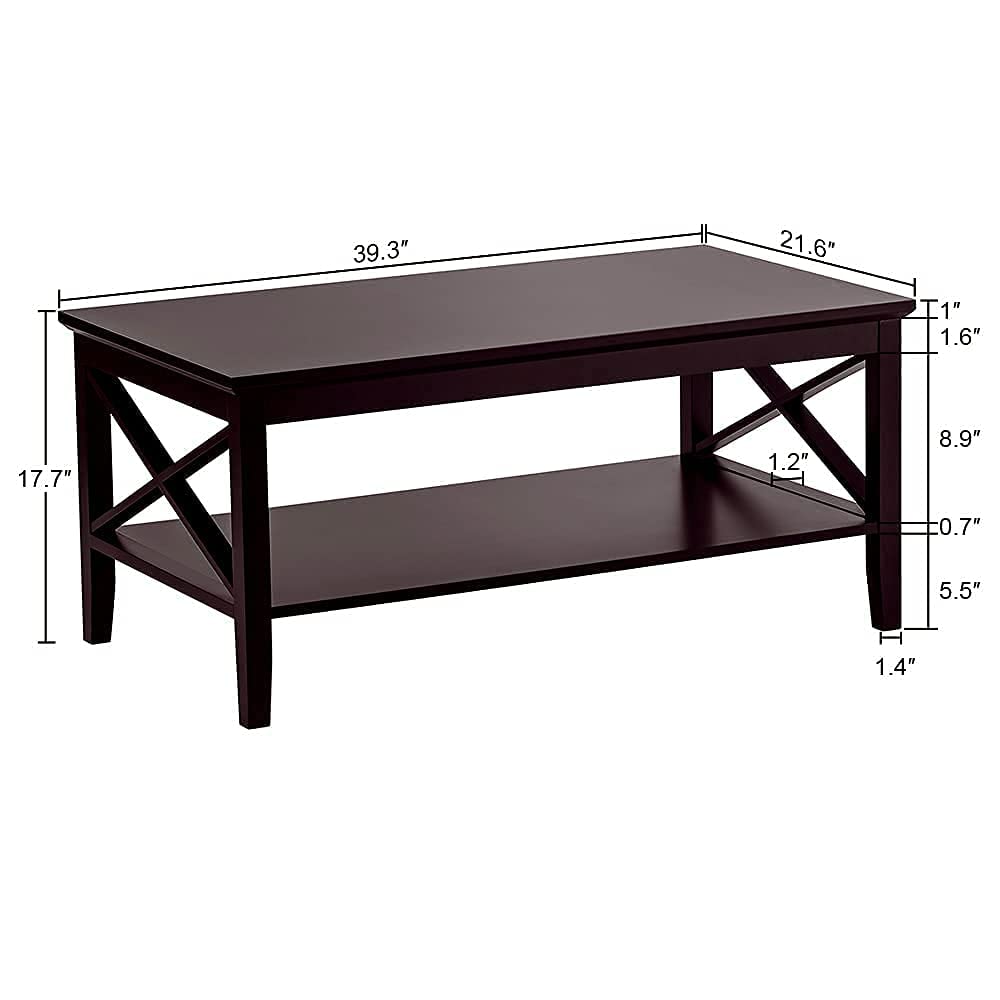Espresso Wood Coffee Table with Thick Legs and Storage, 40 Inch Living Room Table
