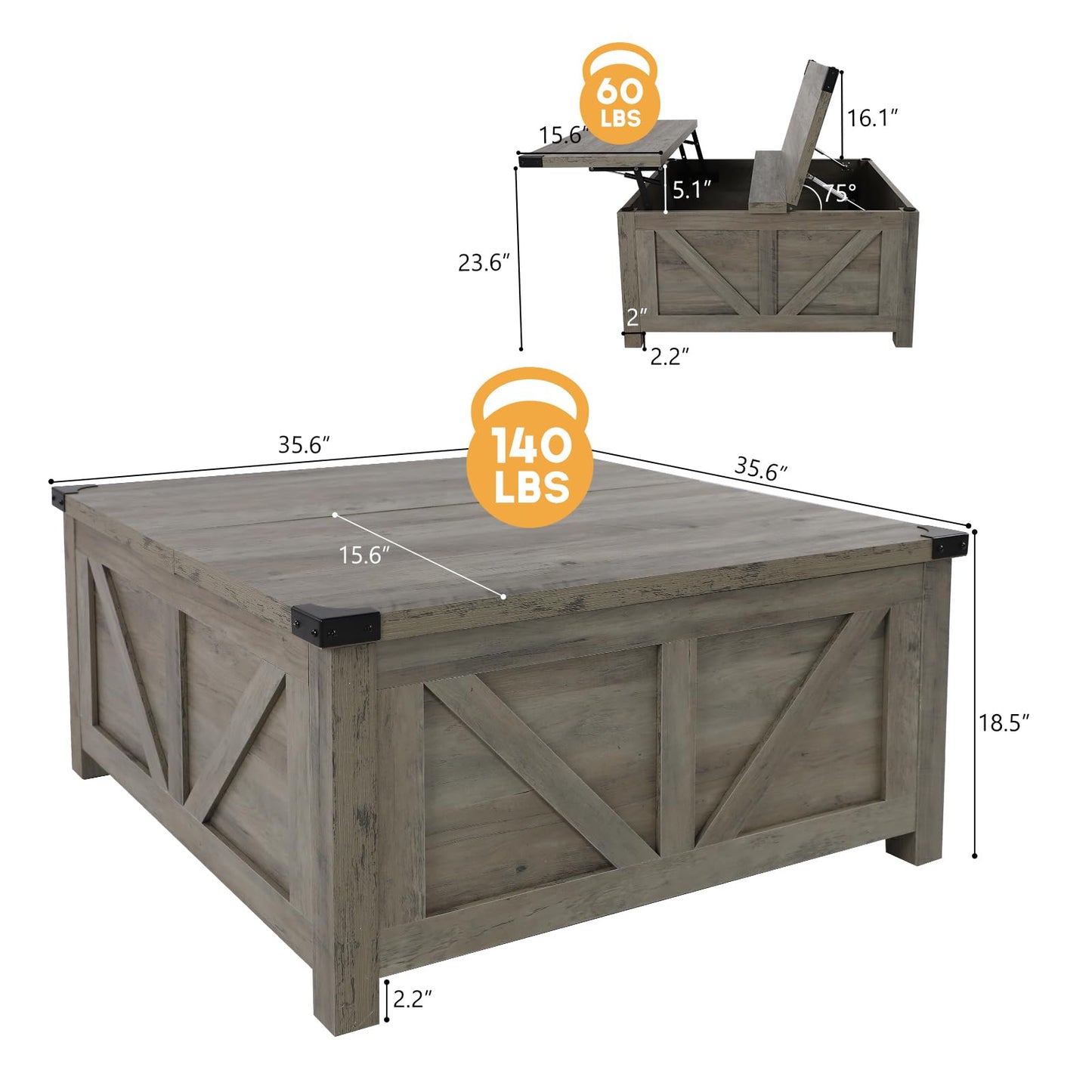 Farmhouse Lift Top Coffee Table with Storage and Charging Station – Grey Wood Square Center Table with USB Ports, Hidden Compartment, and Spacious Storage for Living Room, Bedroom, or Home Office