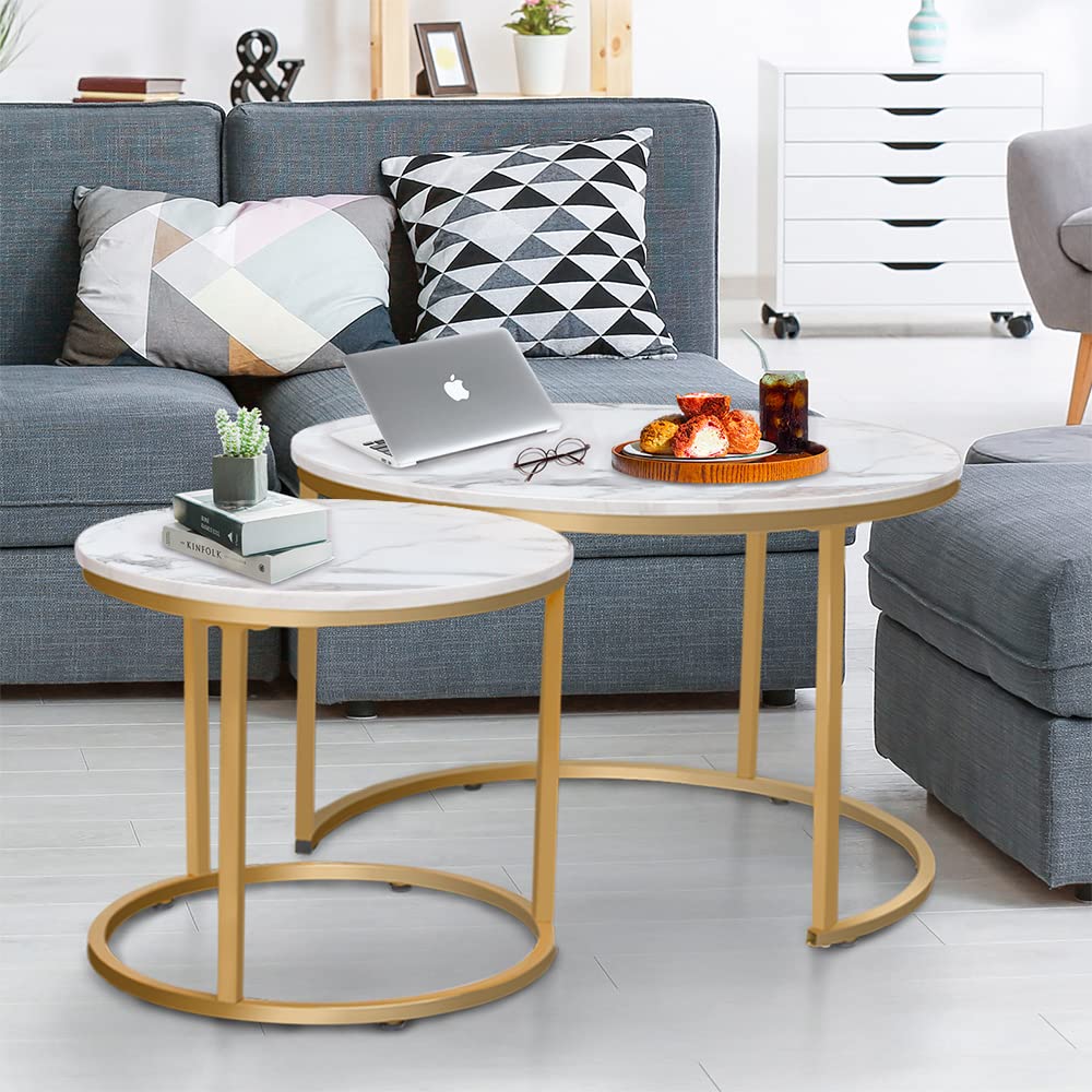 Nesting Coffee Table Set of 2, Round Marble Pattern Wooden Tables with Gold Frame for Living Room or Bedroom, White