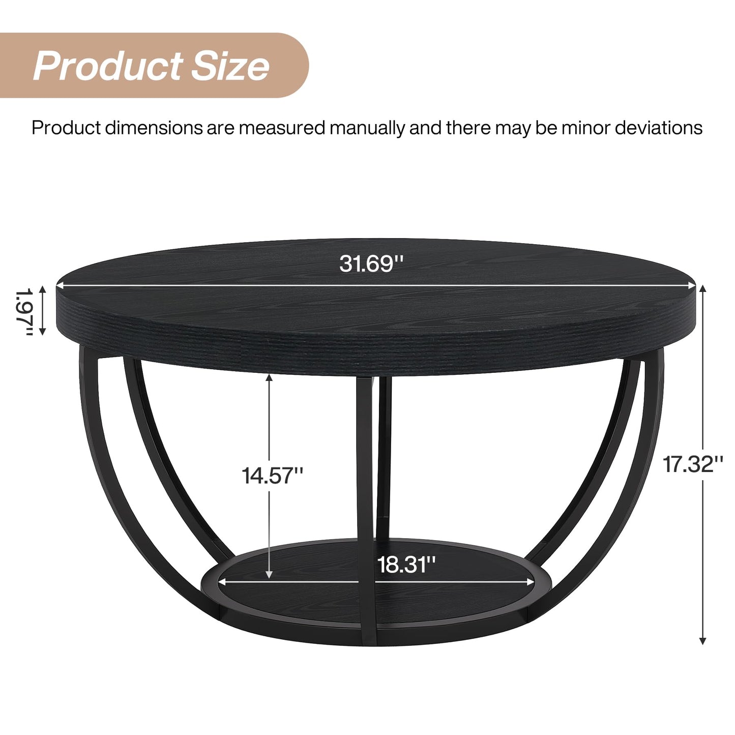 Tribesigns Black Round Coffee Table, 31.7" Modern 2-Tier Circle Coffee Table with Storage Shelves, Accent Cocktail Table Center Table for Living Room