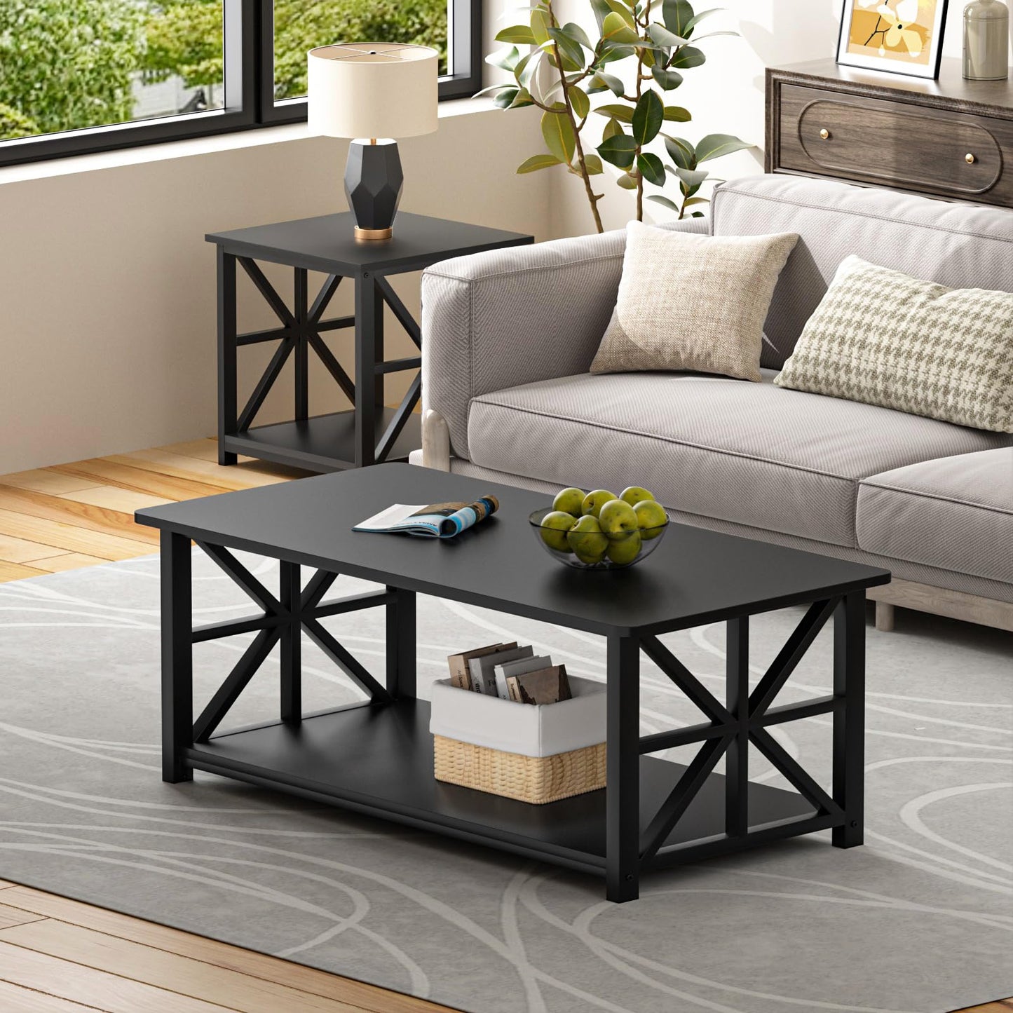 GreenForest 39" Coffee Table with Round Corners, Farmhouse Center Table with 2-Tier Storage Shelf & X-Frame Design for Living Room, Black