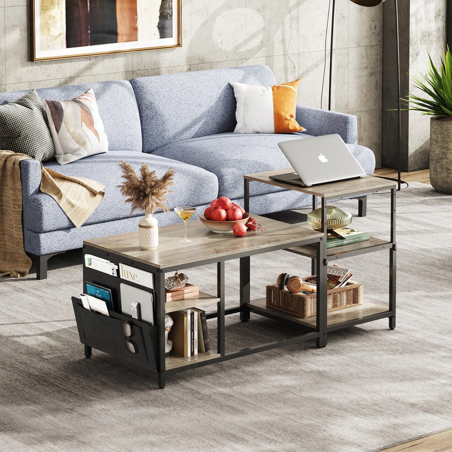 WLIVE Adjustable Coffee Table Set of 2 – Small End Tables for Living Room or Bedroom, Grey