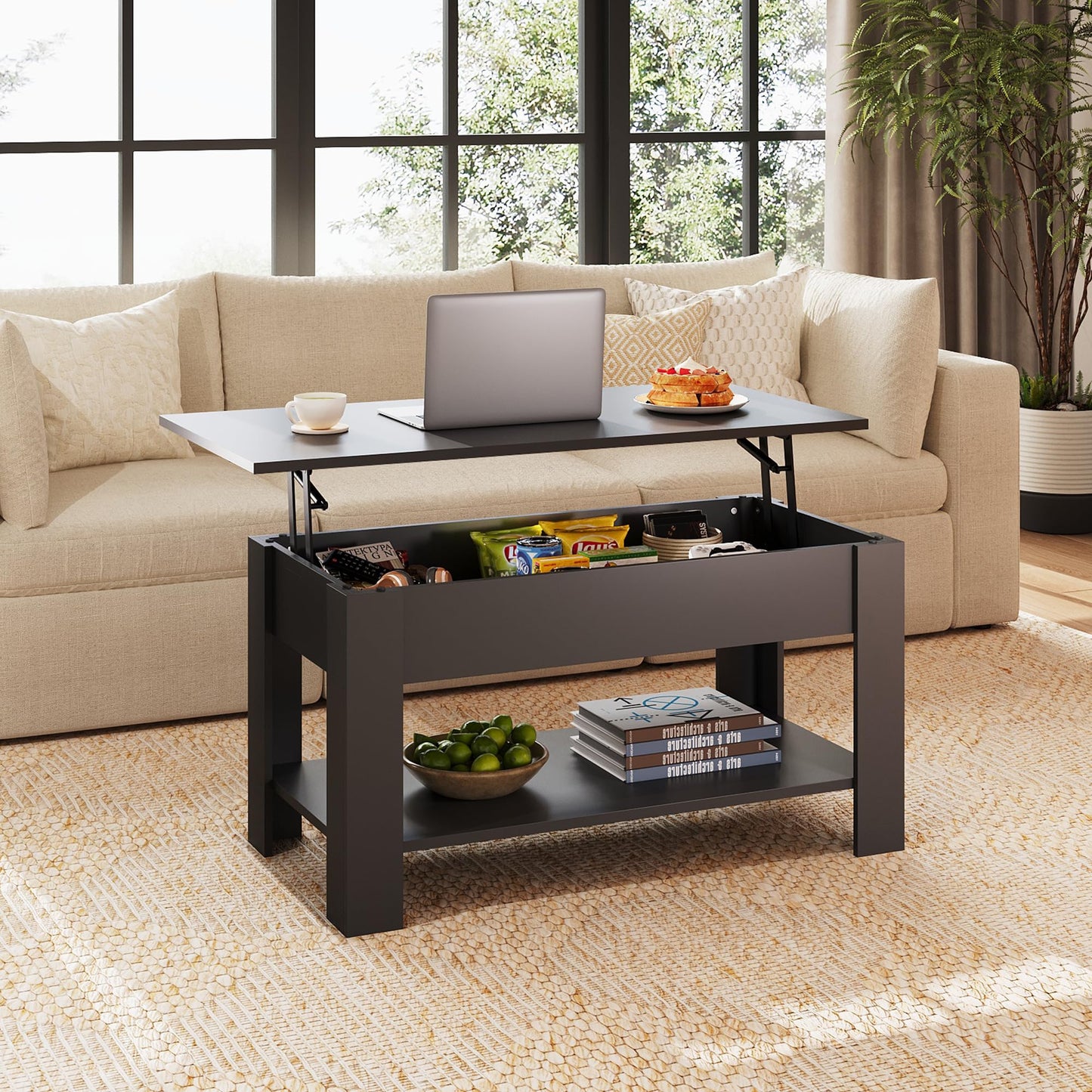 39" Lift Top Coffee Table with Hidden Compartment and Storage Shelf for Living Room or Office, Black
