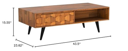 Bme Georgina Mid-Century Modern Solid Wood Coffee Table – 2 Symmetrical Storage Drawers & Geometric Details, Fully Assembled Center Table for Living Room, Teak Brown