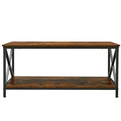 Industrial Farmhouse Coffee Table with X-Shape Steel Frame and Storage Shelf, 39.4"x21.7"x17.7", Rustic Brown/Black