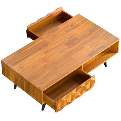 Bme Georgina Mid-Century Modern Solid Wood Coffee Table – 2 Symmetrical Storage Drawers & Geometric Details, Fully Assembled Center Table for Living Room, Teak Brown
