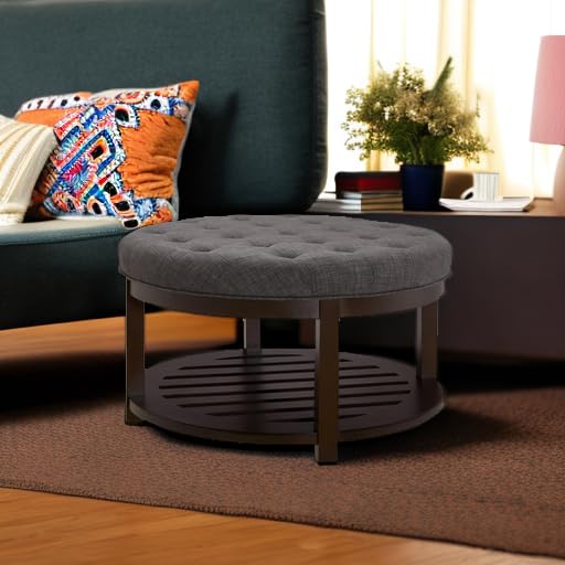 24KF Large Round Upholstered Tufted Linen Ottoman Coffee Table with Wooden Storage Shelf, Large Footrest Ottoman for Living Room, Dark Gray
