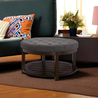 24KF Large Round Upholstered Tufted Linen Ottoman Coffee Table with Wooden Storage Shelf, Large Footrest Ottoman for Living Room, Dark Gray