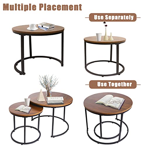 Nesting Coffee Table Set of 2, Round End Tables with Sturdy Metal Frame for Living Room or Bedroom, Modern Industrial Style