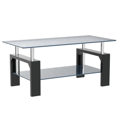 Btrpily Modern Rectangle Coffee Table for Living Room, 39.5D x 23.5W x 17.5H in, Black Glass Tea Table with Wooden Legs & Lower Storage Shelf, Stylish Center Table for Home or Waiting Room