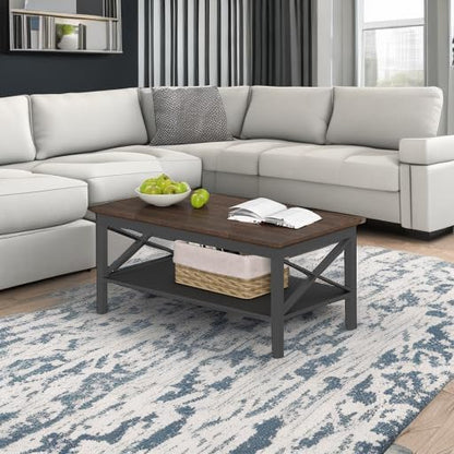 Black Wooden Coffee Table with Thick Legs and Storage for Living Room