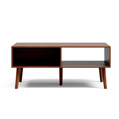 Mid-Century Modern Coffee Table with Storage – Fluted Drawer & Solid Wood Legs, Small Center Table for Living Room, Walnut