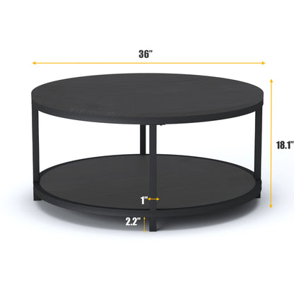 NSdirect 36" Round Coffee Table for Living Room – Rustic Black Oak Wooden Top with Sturdy Metal Legs, 2-Tier Industrial Sofa Table with Open Storage Shelf, Modern Home Furniture