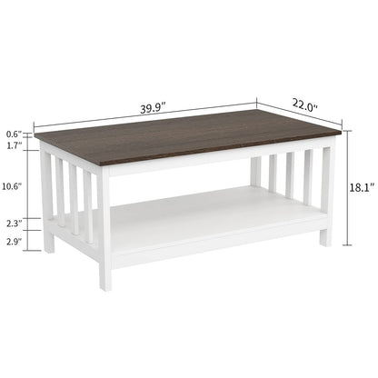 White Farmhouse Coffee Table with Shelf, 40 Inch Living Room Table