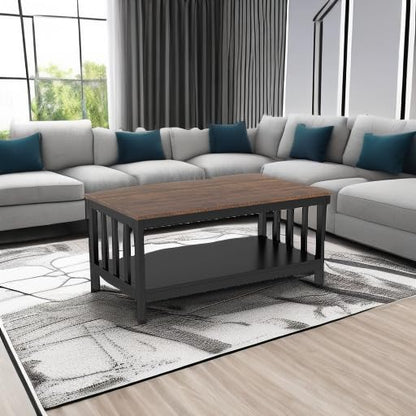 Black Farmhouse Coffee Table with Shelf, 40 Inch Living Room Table