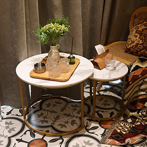 Nesting Coffee Table Set of 2, Round Marble Pattern Wooden Tables with Gold Frame for Living Room or Bedroom, White