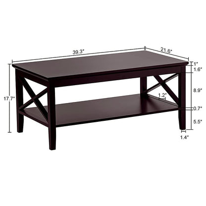 Espresso Wood Coffee Table with Thick Legs and Storage, 40 Inch Living Room Table