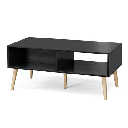 Boho Coffee Table with Sliding Rattan Door and Solid Wood Legs, Small Living Room Table with Storage, Black