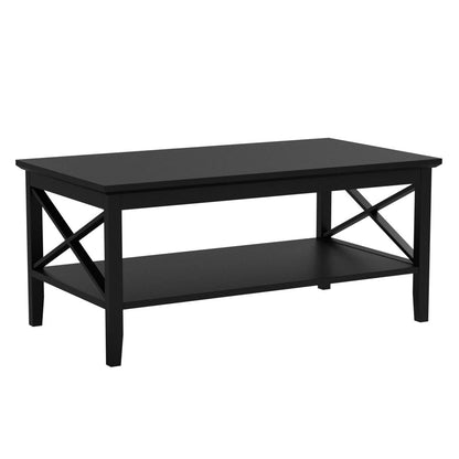 Black Wood Coffee Table with Thick Legs and Storage for Living Room