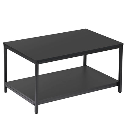 SUPER DEAL 2-Tier Industrial Coffee Table with Storage Shelf – Black Rectangle Wood and Metal Center Table for Small Apartments, Living Room, or as a TV Stand/Side End Table