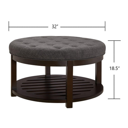 24KF Large Round Upholstered Tufted Linen Ottoman Coffee Table with Wooden Storage Shelf, Large Footrest Ottoman for Living Room, Dark Gray