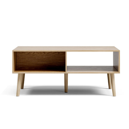 Boho Coffee Table with Storage – Fluted Drawer & Solid Wood Legs, Small Center Table for Living Room, Oak