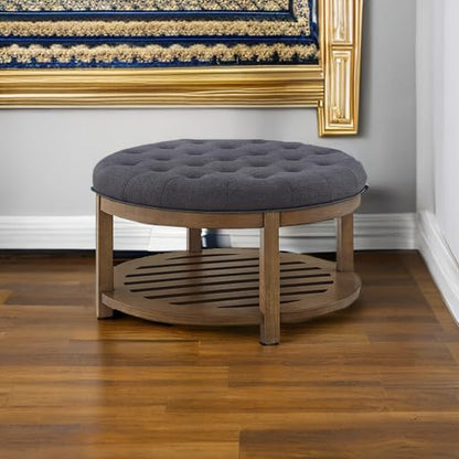 24KF Large Round Upholstered Tufted Linen Ottoman Coffee Table with Wooden Storage Shelf, Large Footrest Ottoman for Living Room, Charcoal