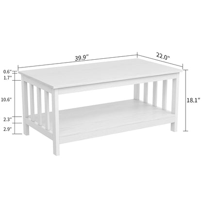 White Farmhouse Coffee Table with Shelf, 40 Inch Living Room Table