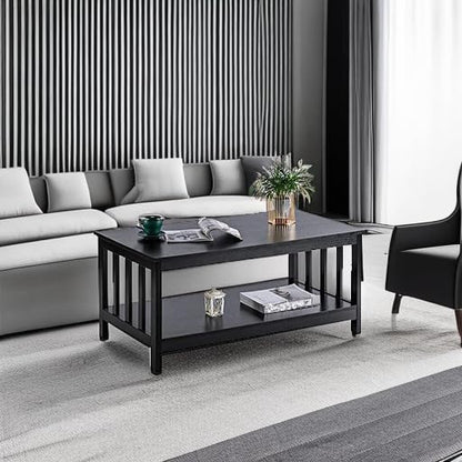 Black Wood Mission Coffee Table with Shelf, 40 Inch Living Room Table