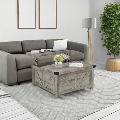 Farmhouse Lift Top Coffee Table with Storage and Charging Station – Grey Wood Square Center Table with USB Ports, Hidden Compartment, and Spacious Storage for Living Room, Bedroom, or Home Office