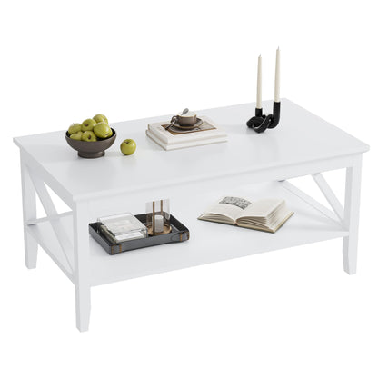 White Rectangular Coffee Table with X Design and Storage Shelf, 39 Inch Modern Living Room Table