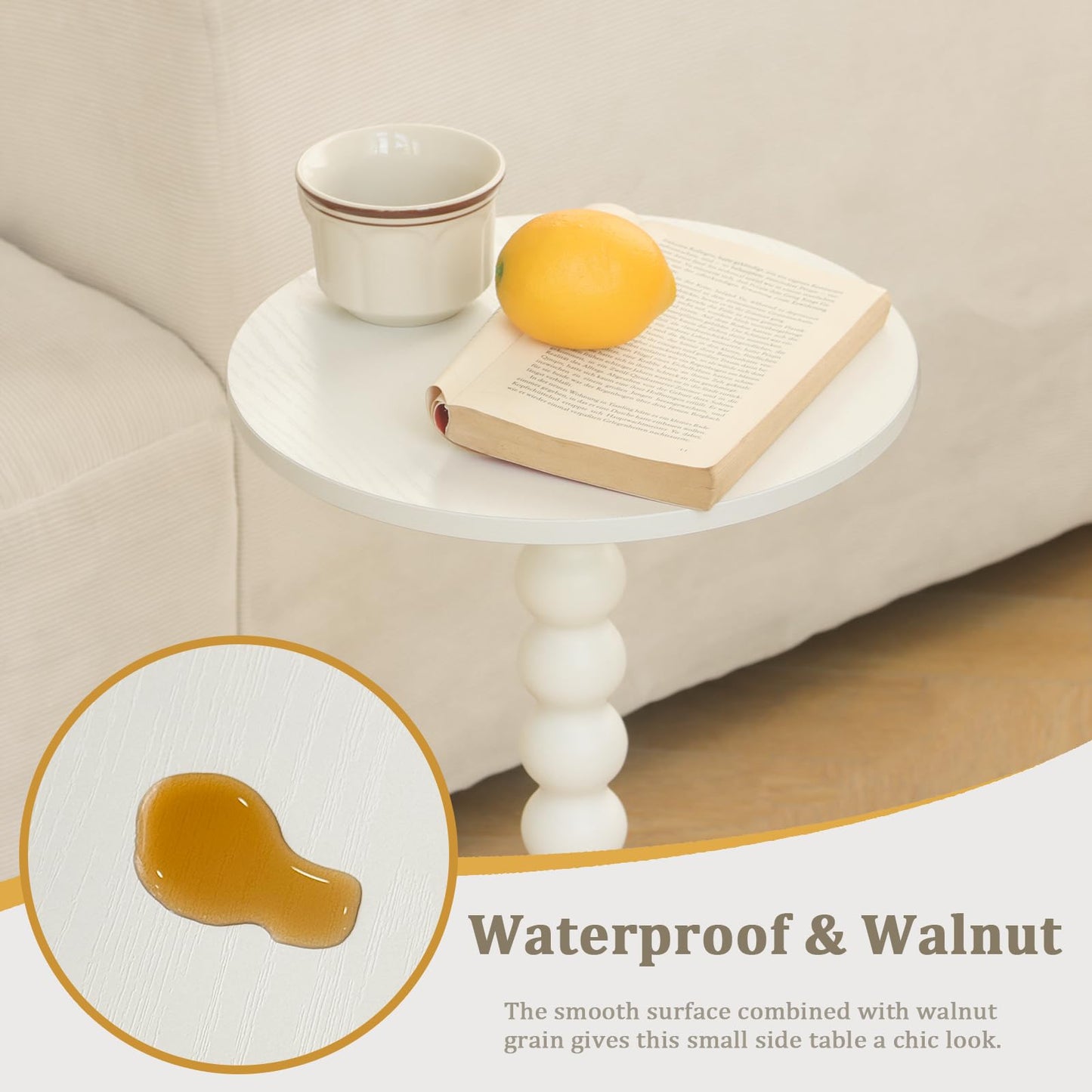 Round Side Table, Small Modern Drink Table with Solid Wood Legs for Living Room, Bedroom, Office, White