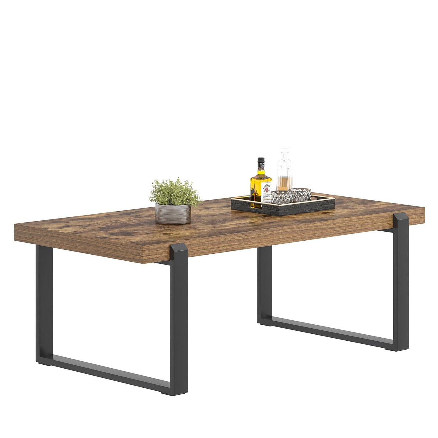 FOLUBAN 47" Modern Coffee Table – Rustic Brown Wood and Metal Industrial Rectangle Center Table for Living Room