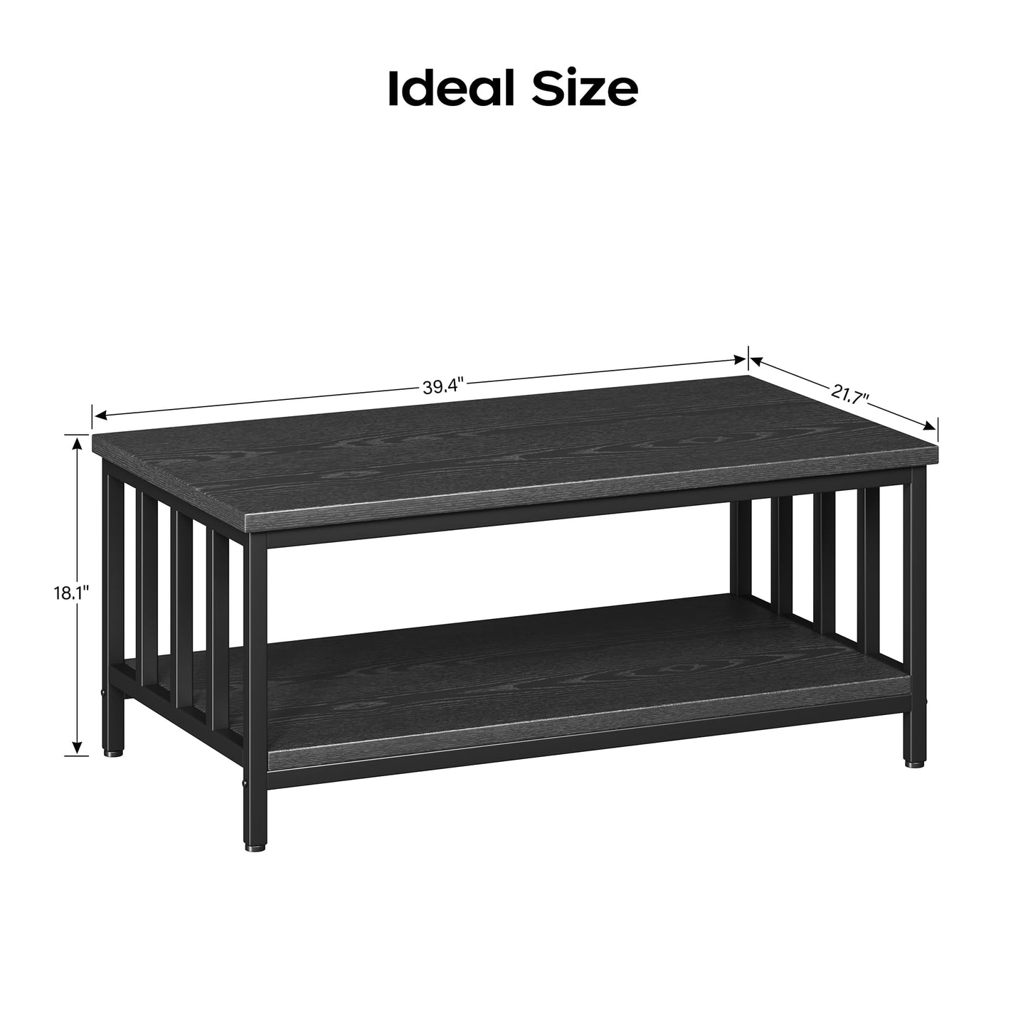 Modern Farmhouse Coffee Table with Slatted Frame, 2-Tier Storage Shelf for Living Room or Office, 39 Inch Black