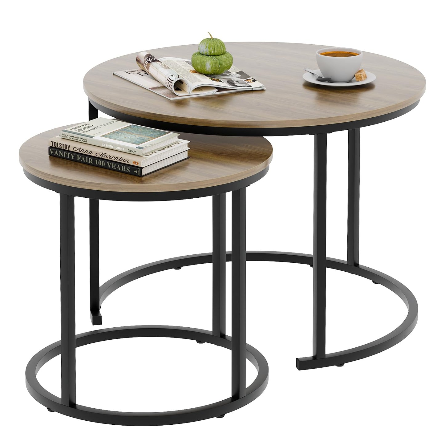 Nesting Coffee Table Set of 2, Round End Tables with Sturdy Metal Frame for Living Room or Bedroom, Oak