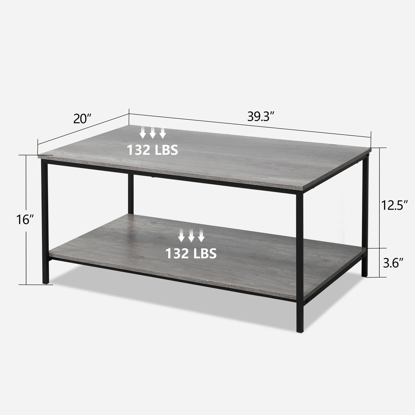 2-Tier Coffee Table with Storage Shelf, Grey Oak Wood and Metal Frame Rectangle Table for Living Room, 39.3"x20"x16"