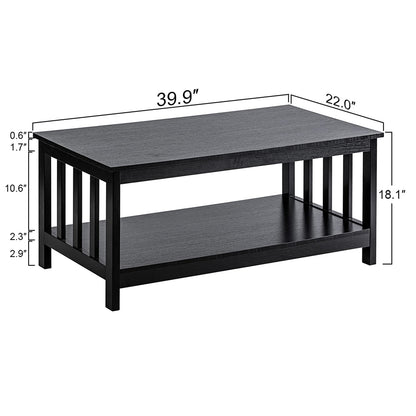 Black Wood Mission Coffee Table with Shelf, 40 Inch Living Room Table