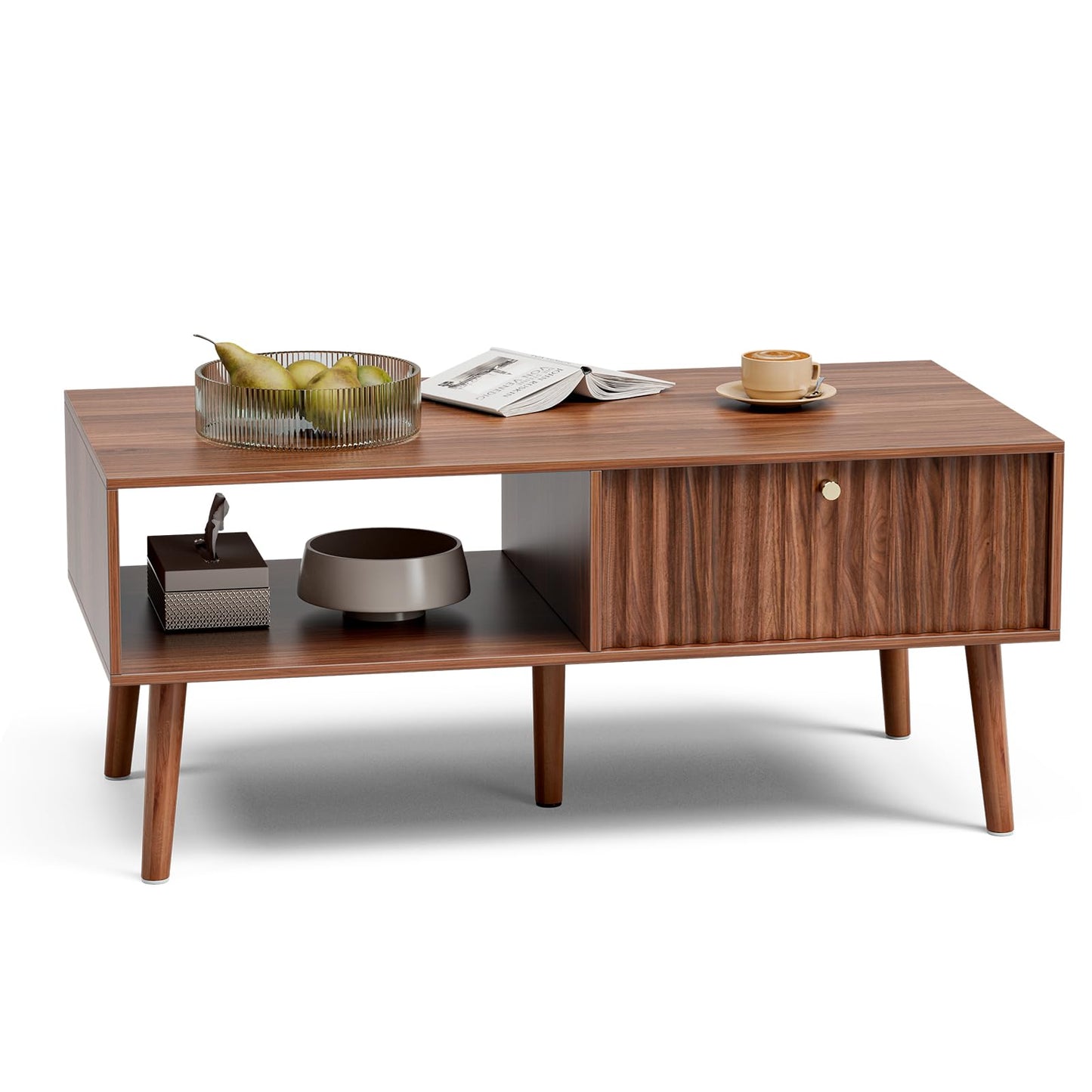Mid-Century Modern Coffee Table with Storage – Fluted Drawer & Solid Wood Legs, Small Center Table for Living Room, Walnut