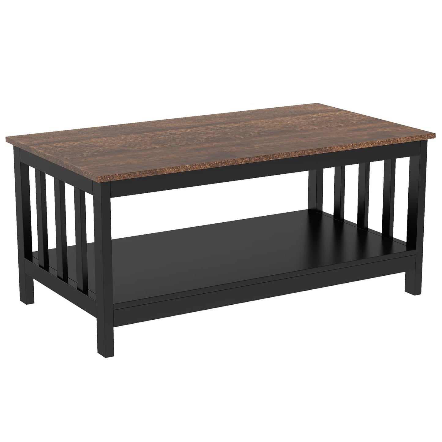 Black Farmhouse Coffee Table with Shelf, 40 Inch Living Room Table