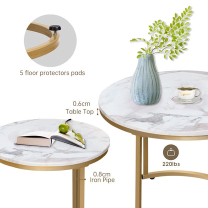 Nesting Coffee Table Set of 2, Round Marble Pattern Wooden Tables with Gold Frame for Living Room or Bedroom, White