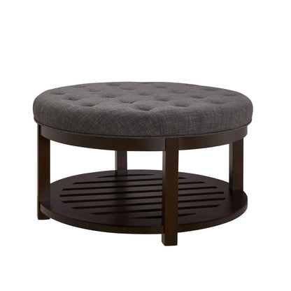 24KF Large Round Upholstered Tufted Linen Ottoman Coffee Table with Wooden Storage Shelf, Large Footrest Ottoman for Living Room, Dark Gray
