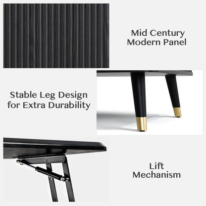 Lift Top Coffee Table with Storage Shelf & Hidden Compartment, Mid-Century Modern Fluted Rectangle Table for Living Room or Home Office, Black