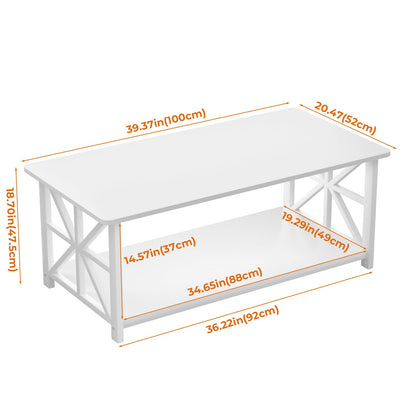 GreenForest 39" Coffee Table for Living Room with Round Corners, Farmhouse Style Center Table with 2-Tier Storage Shelf, Space-Saving & Easy Assembly, Full White