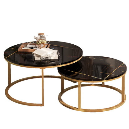WiberWi Round Nesting Coffee Tables Set of 2 – Large Ø34", Small Ø26", Modern Gold Metal Frame Circle Tables with High Gloss Faux Black Marble Top for Living Room