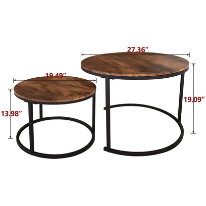 Industrial Round Coffee Table Set of 2, Stacking Side Tables with Wood-Look Top and Metal Frame for Living Room, Black/Rustic Brown