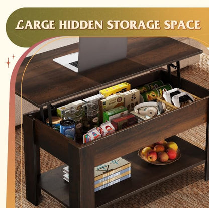 39" Lift Top Coffee Table with Hidden Compartment and Storage Shelf for Living Room or Office, Espresso