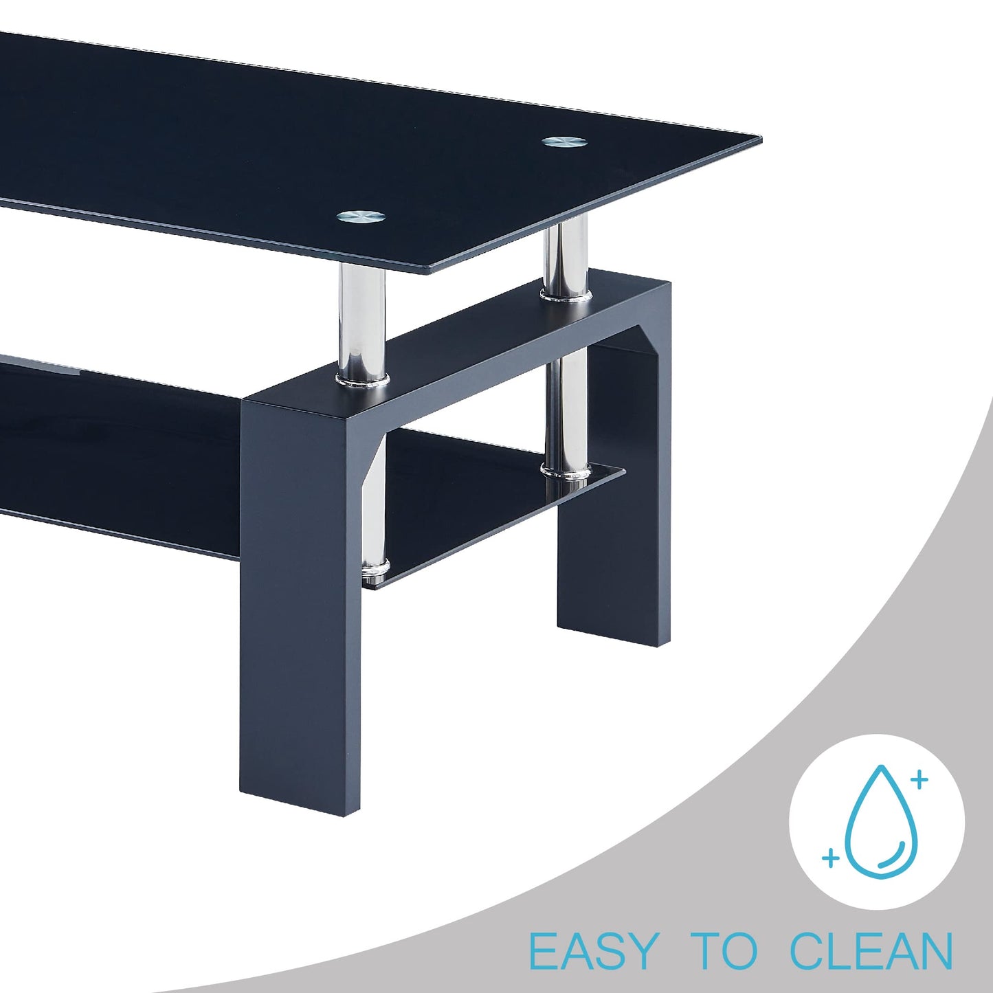 Btrpily Modern Rectangle Coffee Table for Living Room, 39.5D x 23.5W x 17.5H in, Black Glass Tea Table with Wooden Legs & Lower Storage Shelf, Stylish Center Table for Home or Waiting Room