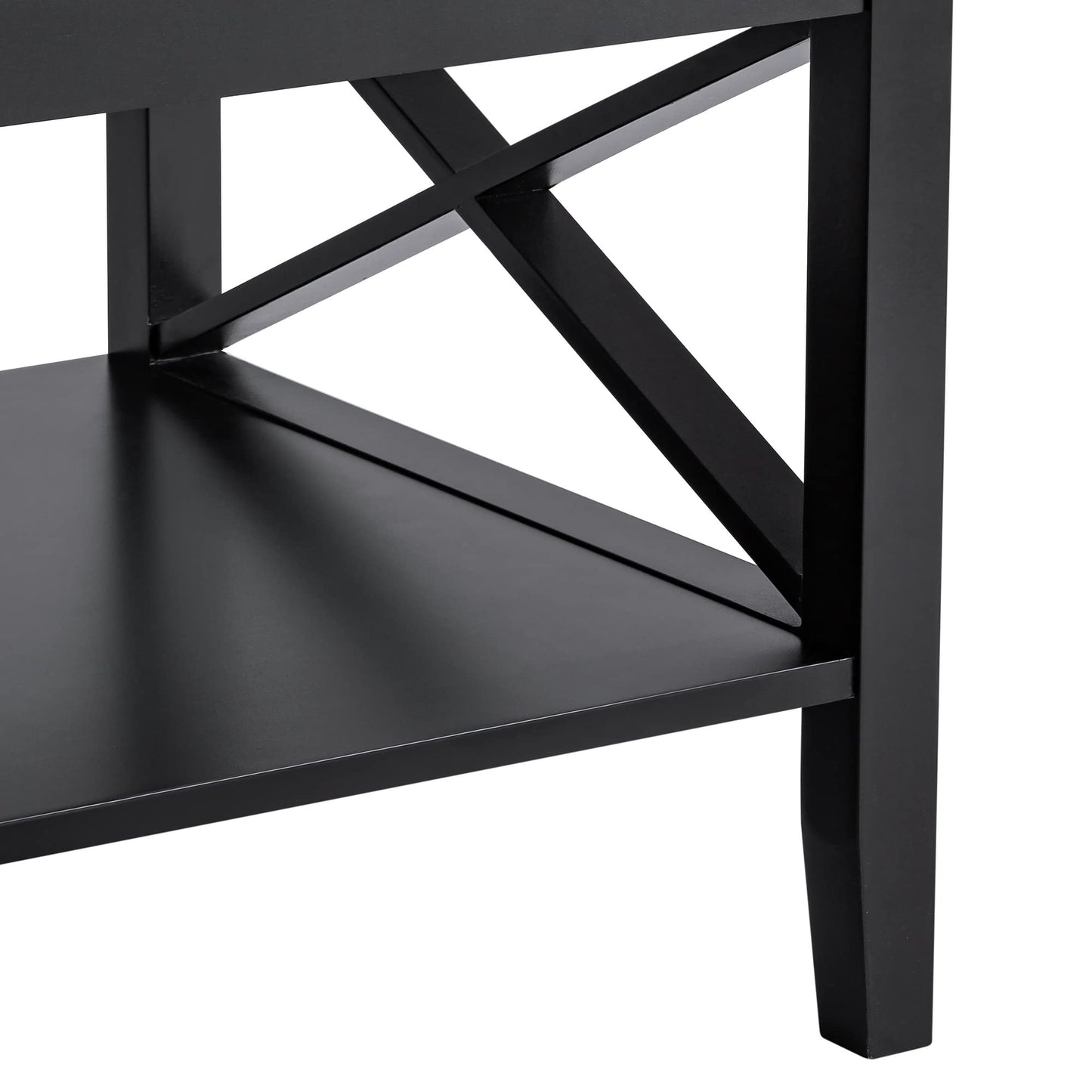 Black Wood Coffee Table with Thick Legs and Storage for Living Room