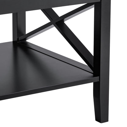 Black Wood Coffee Table with Thick Legs and Storage for Living Room