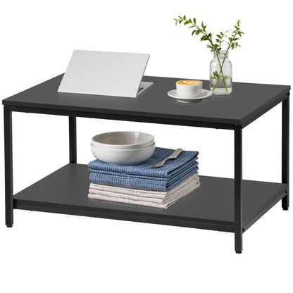 SUPER DEAL 2-Tier Industrial Coffee Table with Storage Shelf – Black Rectangle Wood and Metal Center Table for Small Apartments, Living Room, or as a TV Stand/Side End Table